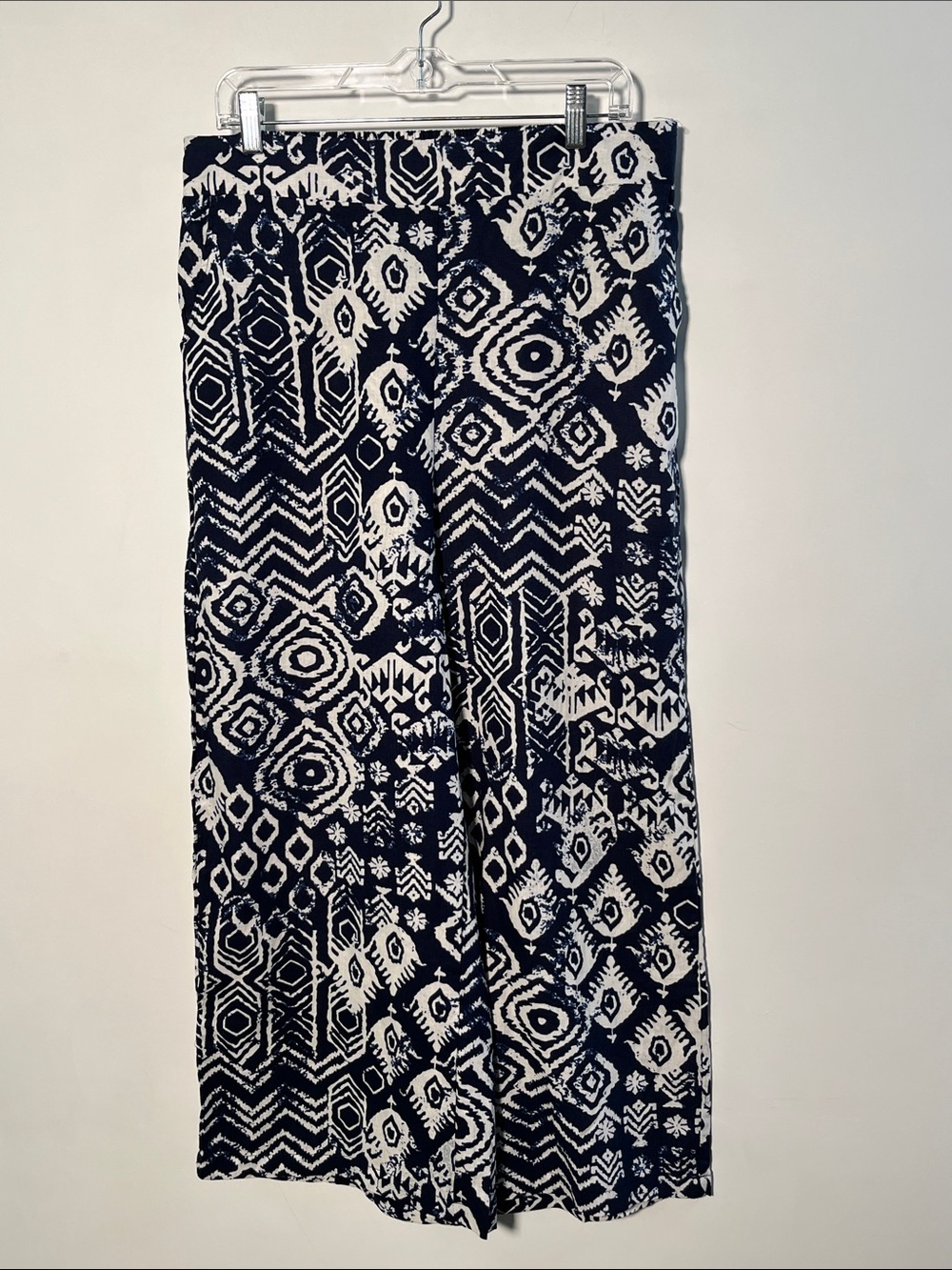 HAUTE HIPPIE Beach Summer Granola Girl Wide Leg Navy & White Ikat Linen Pant XL